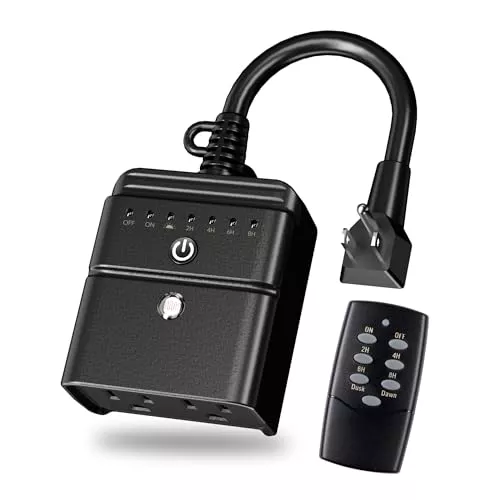 BN-LINK Dusk to Dawn Outdoor Timer with 100ft Remote, 2 Outlets Waterproof Plug