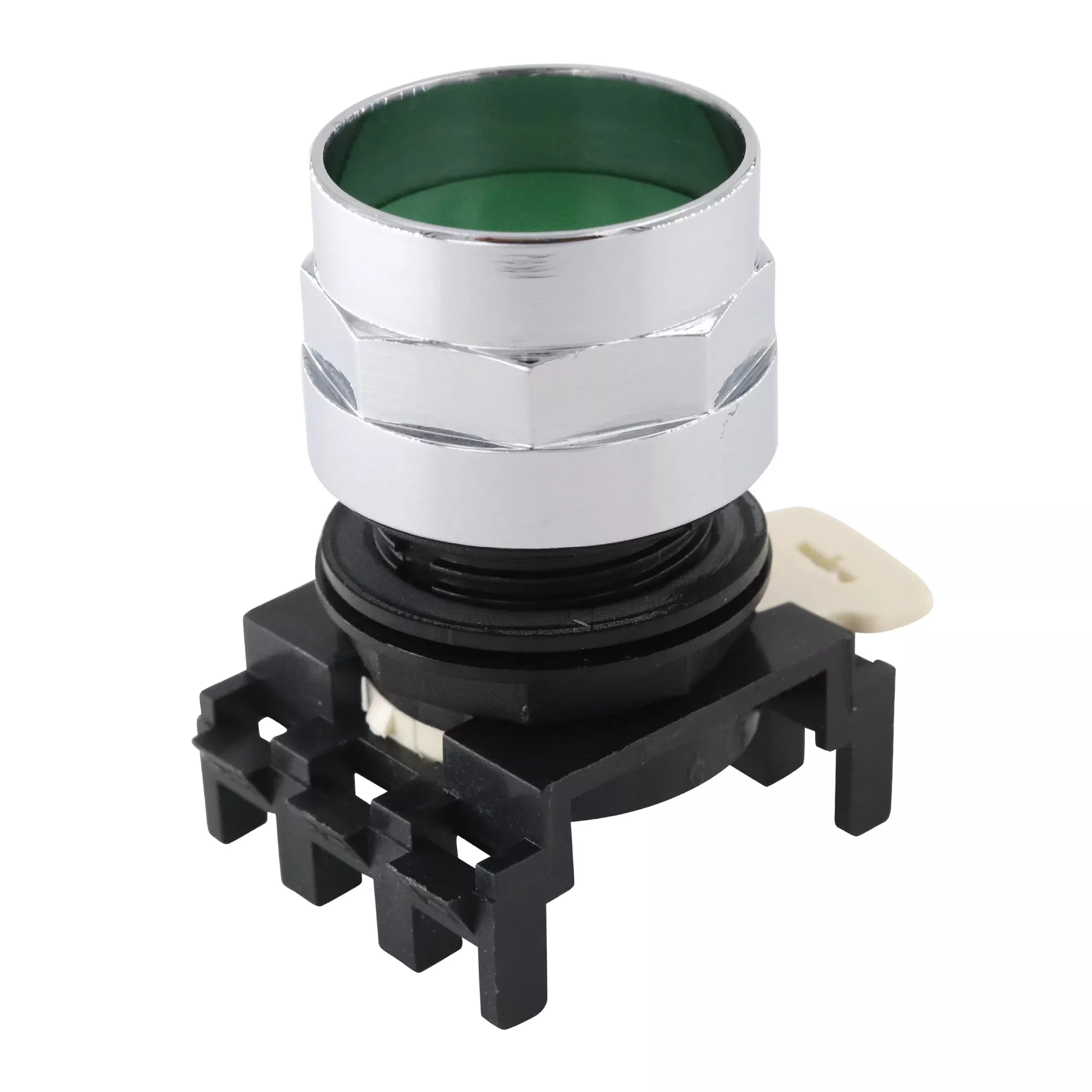 Eaton E22PF3 Non-illum Flush Pushbutton Operator, Chrome Bezel, Green