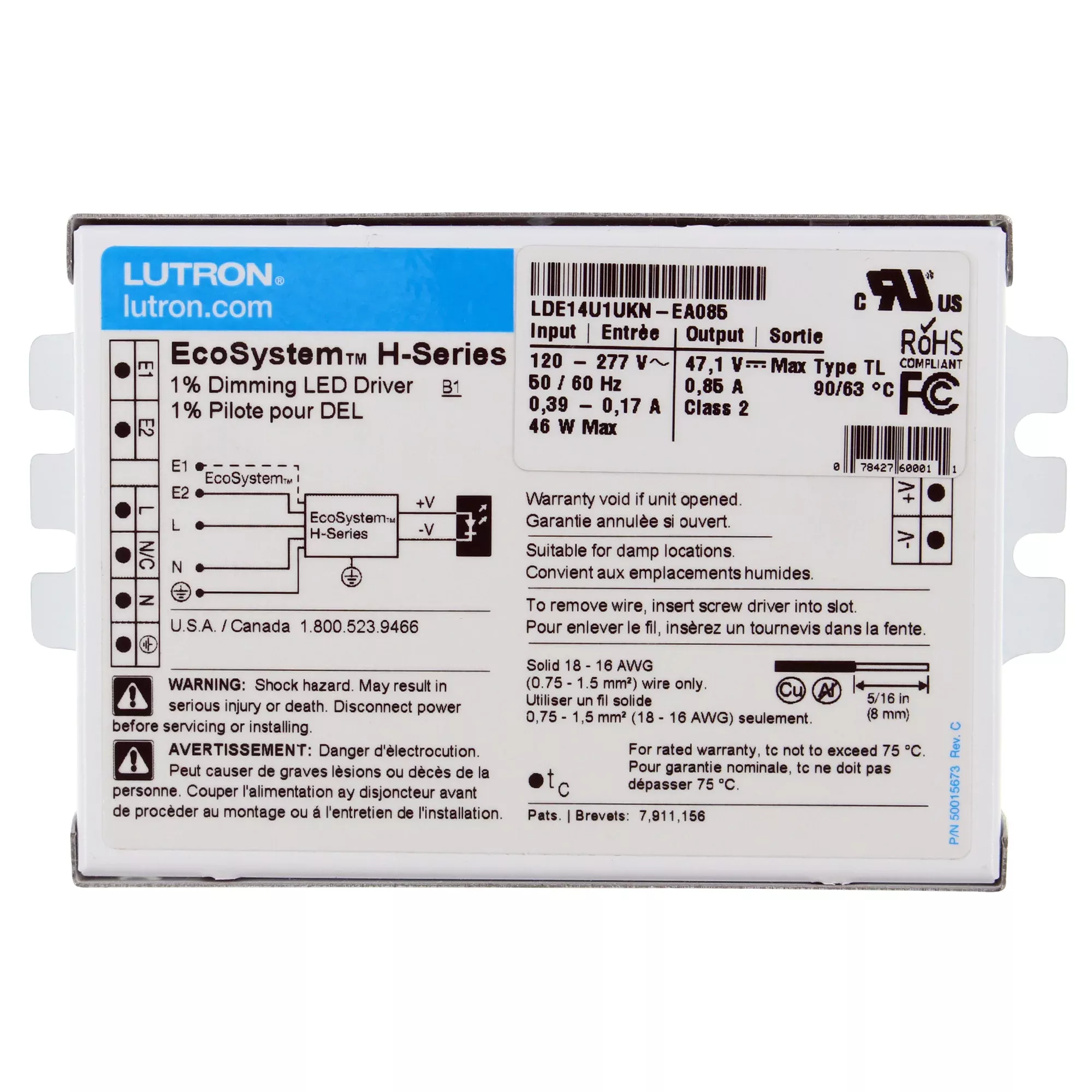 Lutron LDE14U1UKN-EA085 Ecosystem 1% Dimmable Led Driver, 46W, 47VDC,