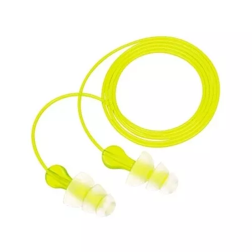 Tri-Flange™ Earplugs, Elastomeric Polymer, Clear, Corded